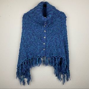 CURRENCY by HELEN WELSH Green Blue Fringe Poncho Oversized Cowl Neck Tassel F85